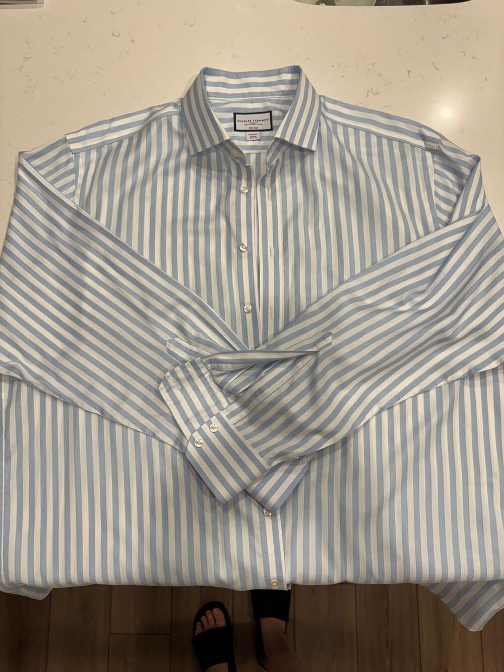 Charles Tyrwhitt Non-Iron Dress Shirt 18 36 Blue Stripe Classic Fit